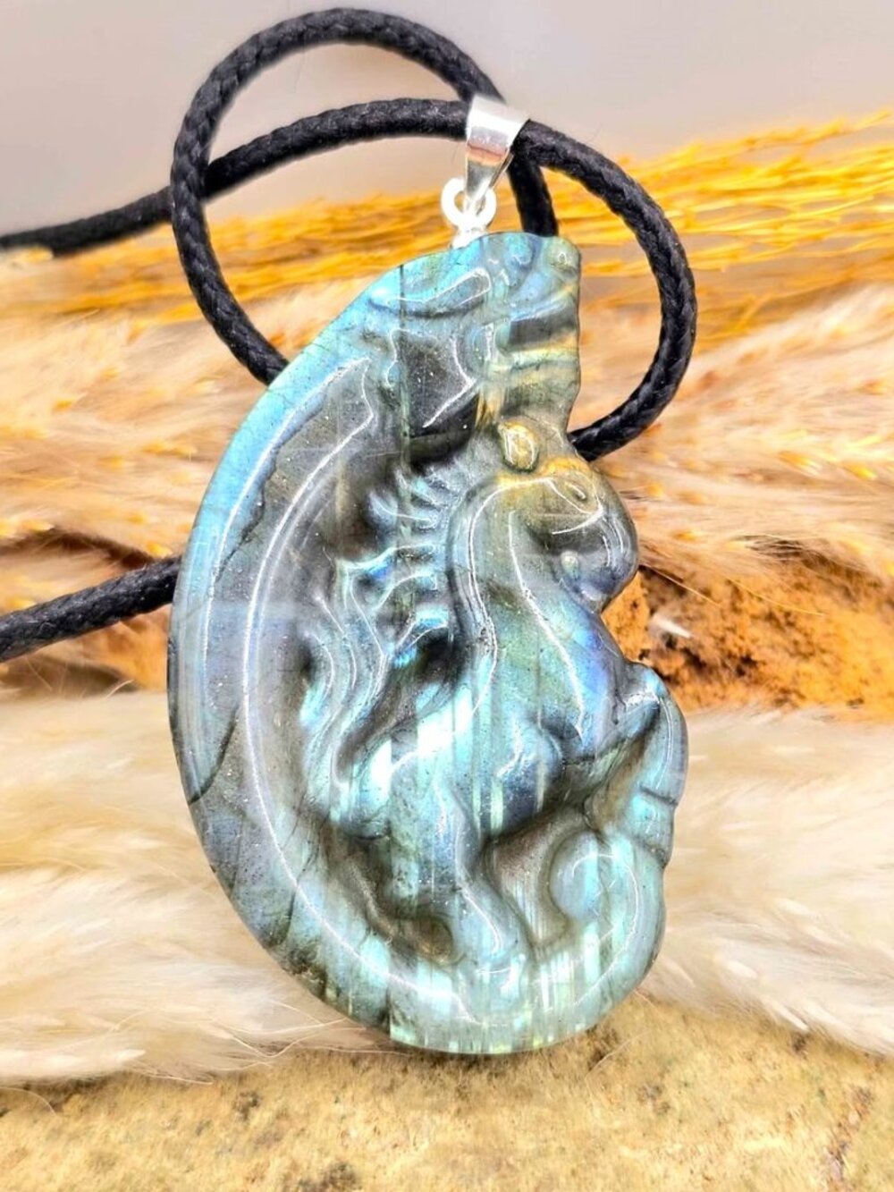 Nature Labradorite Horse And Dragon Pendant Necklace